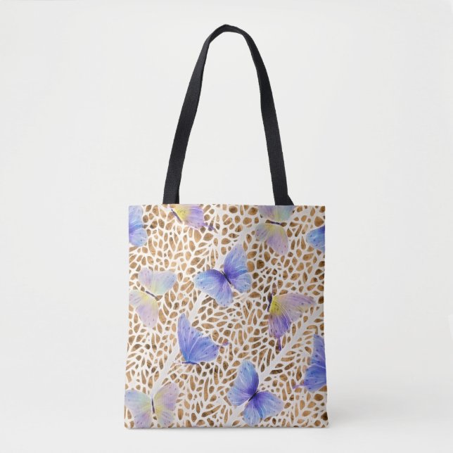 Blue Butterflies Organic Brown Animal Pattern Tote Bag (Front)