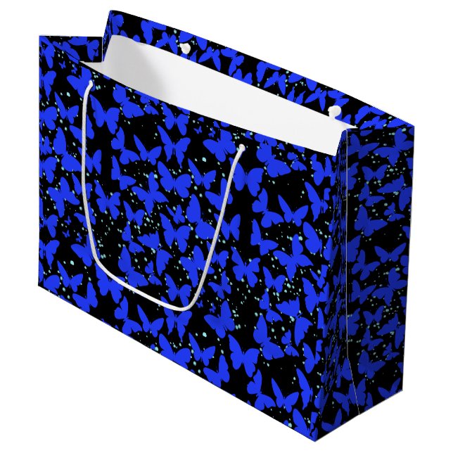 Blue Butterflies Pattern C01.b Black BG Large Gift Bag (Front Angled)