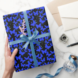 Blue Butterflies Pattern C01.b Black BG Wrapping Paper