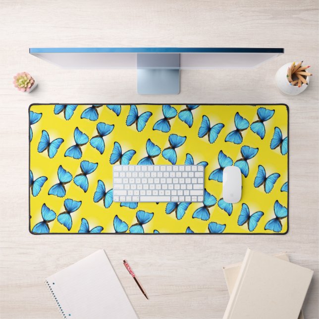 Blue butterflies pattern on yellow desk mat (Office 1)