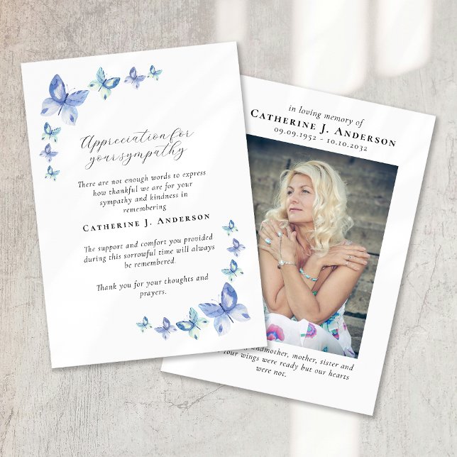 Blue Butterflies Photo Sympathy Funeral Memorial Thank You Card (Creator Uploaded)