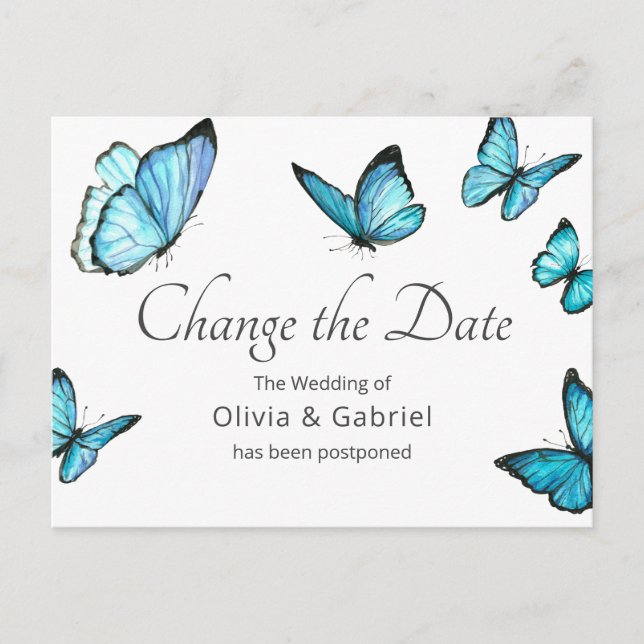 Blue butterflies Postpone wedding Change the Date Invitation Postcard (Front)