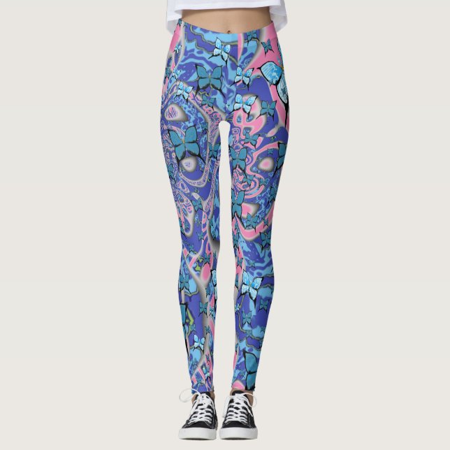 Blue Butterflies Psychedelic Dream Leggings (Front)