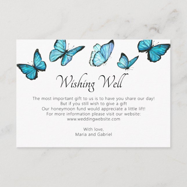 Blue butterflies. Romantic Wedding Wishing Well Enclosure Card (Front)
