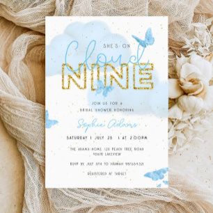 Blue Butterflies She's on Cloud Nine Bridal Shower Invitation