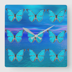 Blue Butterflies Square Wall Clock
