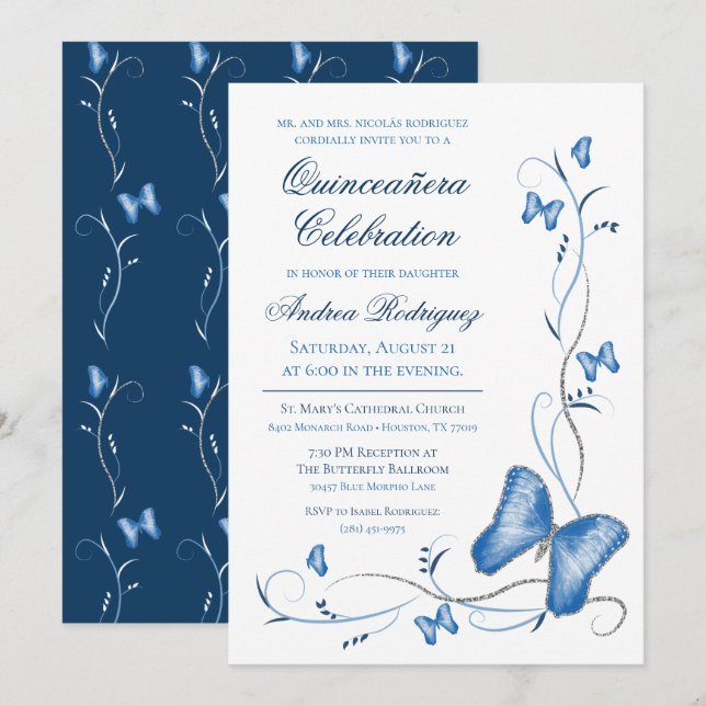 Blue Butterflies & Swirls Quinceanera Invitation (Front/Back)