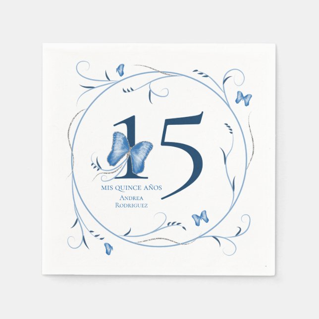 Blue Butterflies & Swirls Quinceañera Napkin (Front)