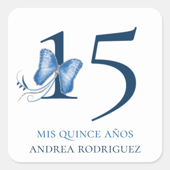 Blue Butterflies & Swirls Quinceañera Square Sticker (Front)