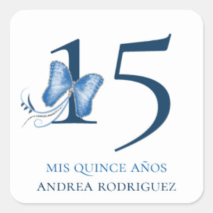 Blue Butterflies & Swirls Quinceañera Square Sticker