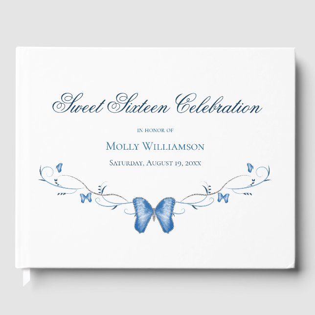 Blue Butterflies & Swirls Sweet 16 Guest Book (Front)