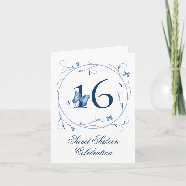 Blue Butterflies & Swirls Sweet 16 Invitation (Front)