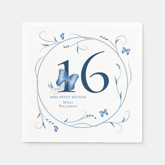 Blue Butterflies & Swirls Sweet 16 Napkin (Front)