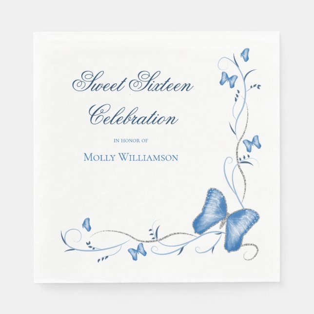 Blue Butterflies & Swirls Sweet 16 Napkin (Front)