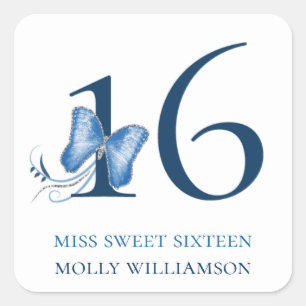 Blue Butterflies & Swirls Sweet 16 Square Sticker