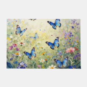 Blue Butterflies Watercolor Wildflower Meadow Doormat