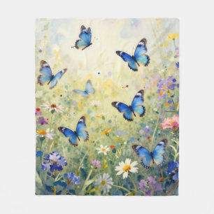Blue Butterflies Watercolor Wildflower Meadow Fleece Blanket