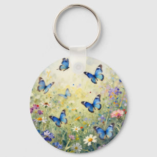Blue Butterflies Watercolor Wildflower Meadow Key Ring