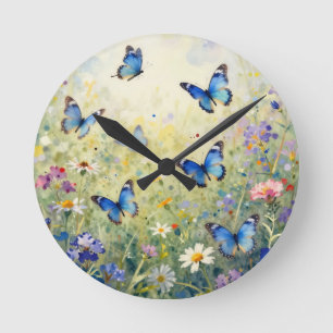Blue Butterflies Watercolor Wildflower Meadow Round Clock