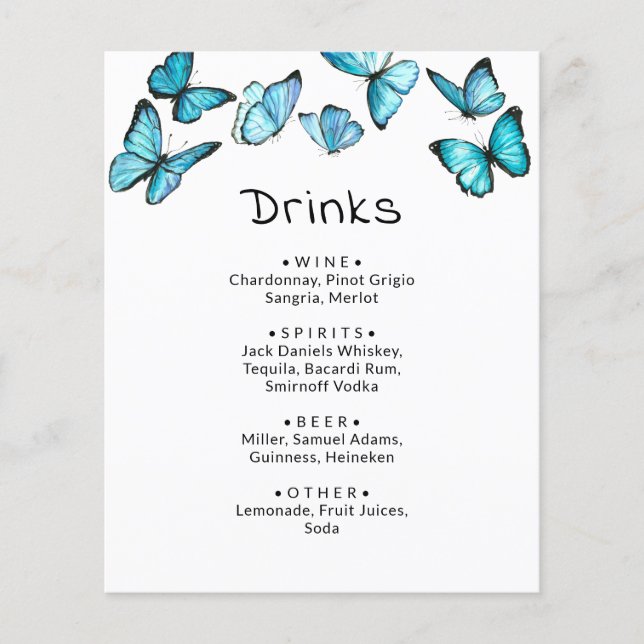 Blue butterflies. Whimsical wedding Drinks menu (Front)