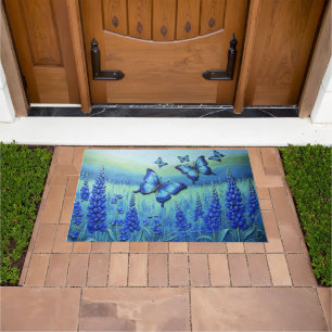 Blue Butterflies with Blue Flowers, Doormat