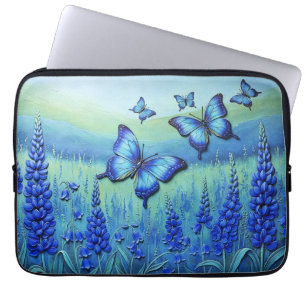 Blue Butterflies with Blue Flowers, Laptop Sleeve