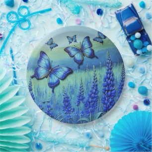 Blue Butterflies with Blue Flowers, Paper Plate