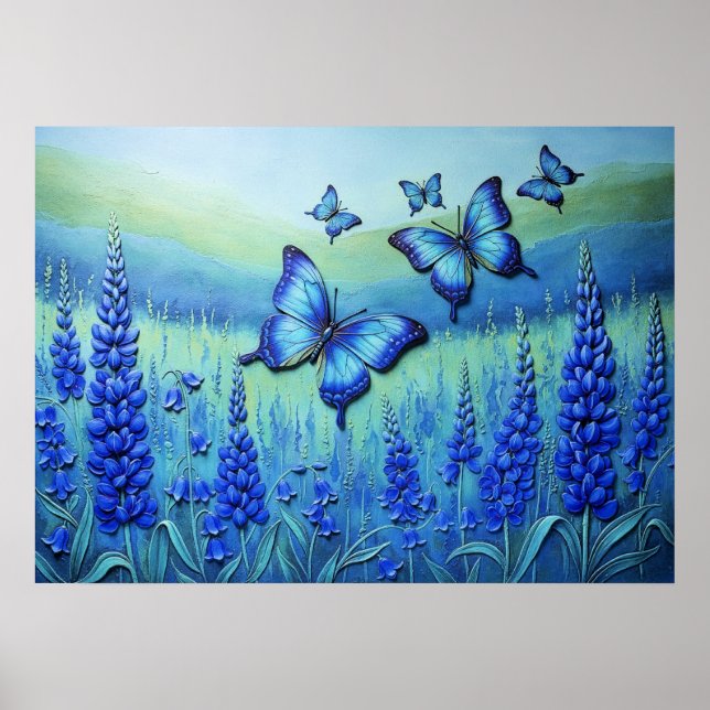 Blue Butterflies with Blue Flowers, Poster (Front)