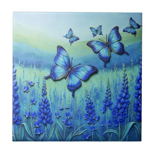 Blue Butterflies with Blue Flowers, Tile