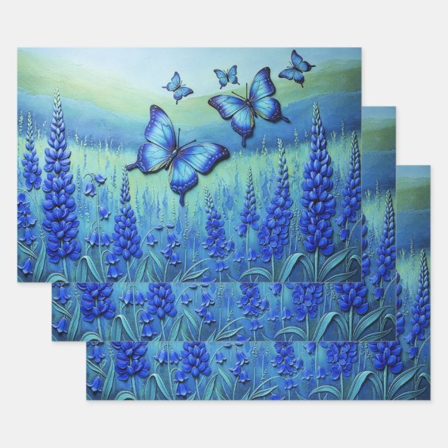 Blue Butterflies with Blue Flowers, Wrapping Paper Sheet (Set)