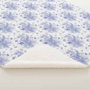 Blue Butterfly and Delphinium Toile Sherpa Blanket