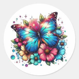 Blue Butterfly and Flowers Classic Round Sticker