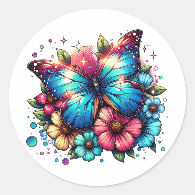 Blue Butterfly and Flowers  Classic Round Sticker (Front)