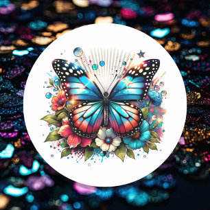 Blue Butterfly and Flowers Classic Round Sticker