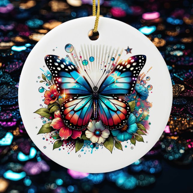 Blue Butterfly and Flowers  Personalised Christmas Ceramic Tree Decoration (Creator Uploaded)