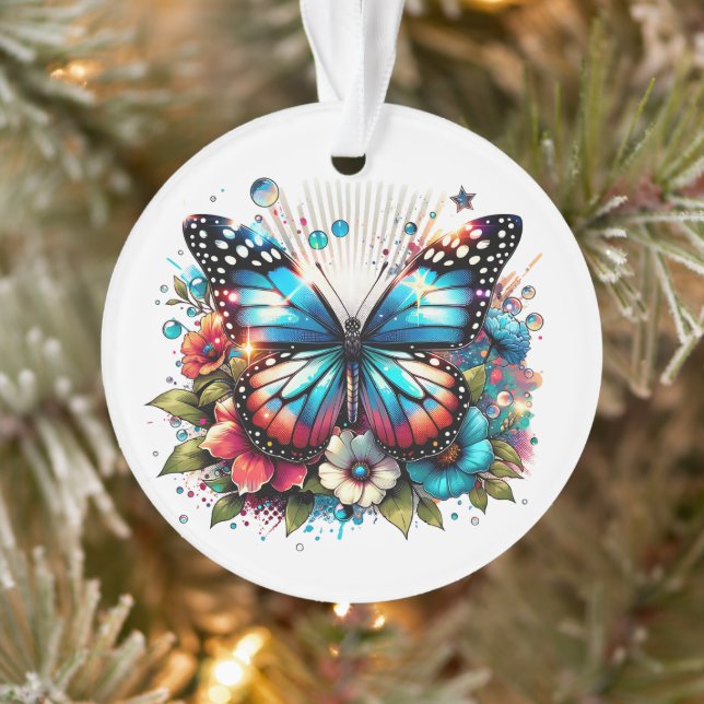 Blue Butterfly and Flowers  Personalised Christmas Ornament (Tree)