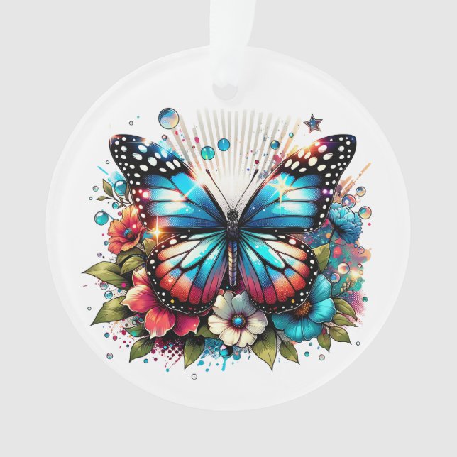 Blue Butterfly and Flowers Personalised Christmas Ornament (Front)