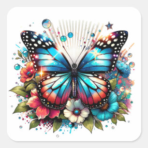 Blue Butterfly and Flowers Square Sticker
