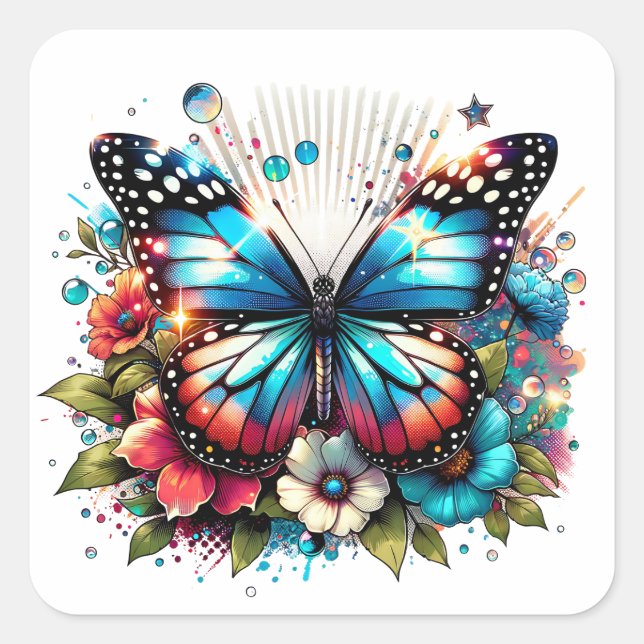 Blue Butterfly and Flowers   Square Sticker (Front)