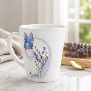 Blue Butterfly and Lavender Personalised Latte Mug
