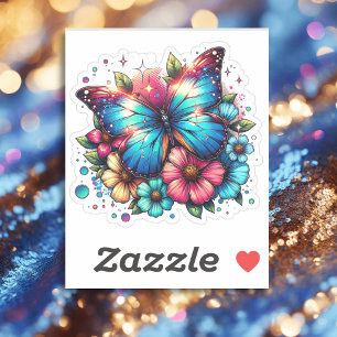 Blue Butterfly and Pink Flowers