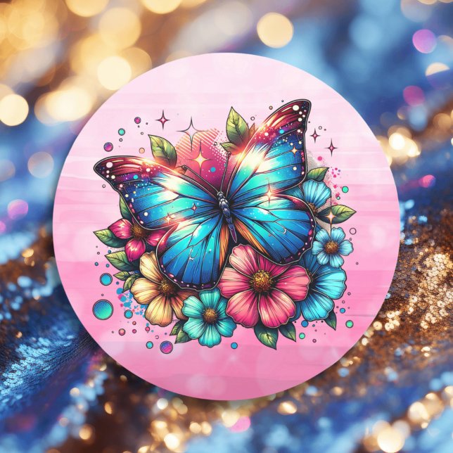 Blue Butterfly and Pink Flowers  Classic Round Sticker (Creator Uploaded)