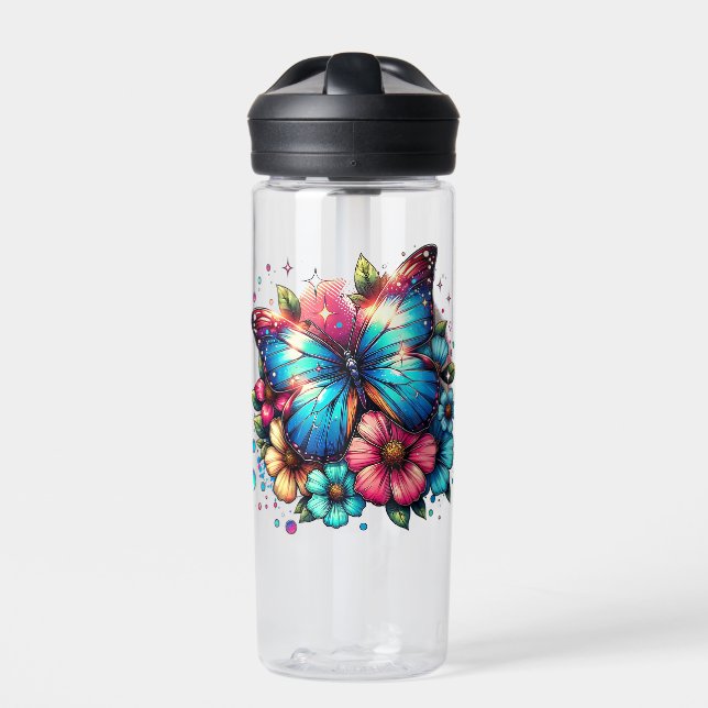Blue Butterfly and Pink Flowers Personalised Water Bottle (Front)
