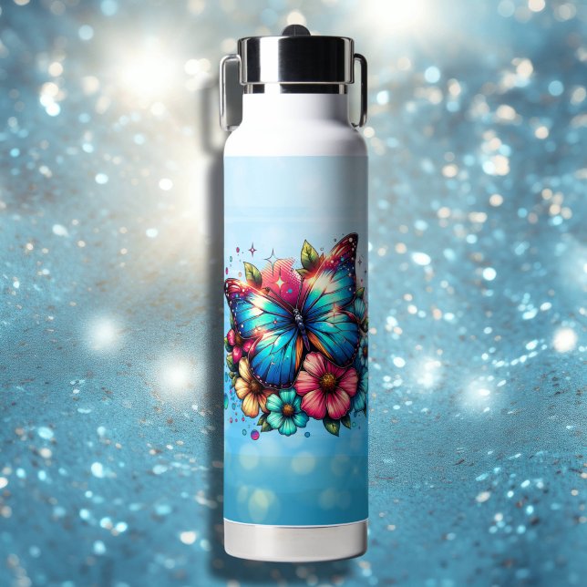 Blue Butterfly and Pink Flowers Personalised Water Bottle (Creator Uploaded)