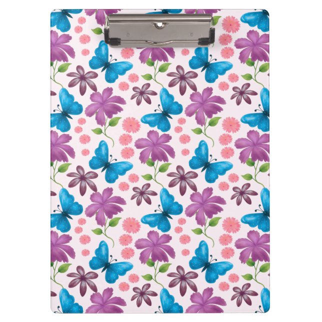 Blue Butterfly and Purple Floral Pattern Clipboard (Front)