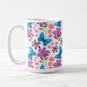 Blue Butterfly and Purple Floral Pattern Coffee Mug