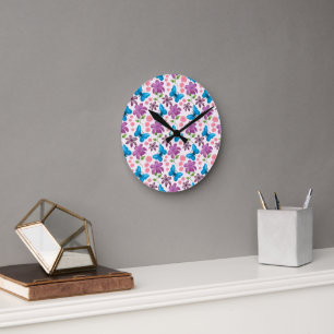 Blue Butterfly and Purple Floral Pattern Round Clock