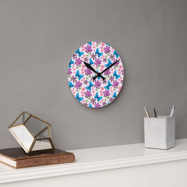 Blue Butterfly and Purple Floral Pattern Round Clock (Office)