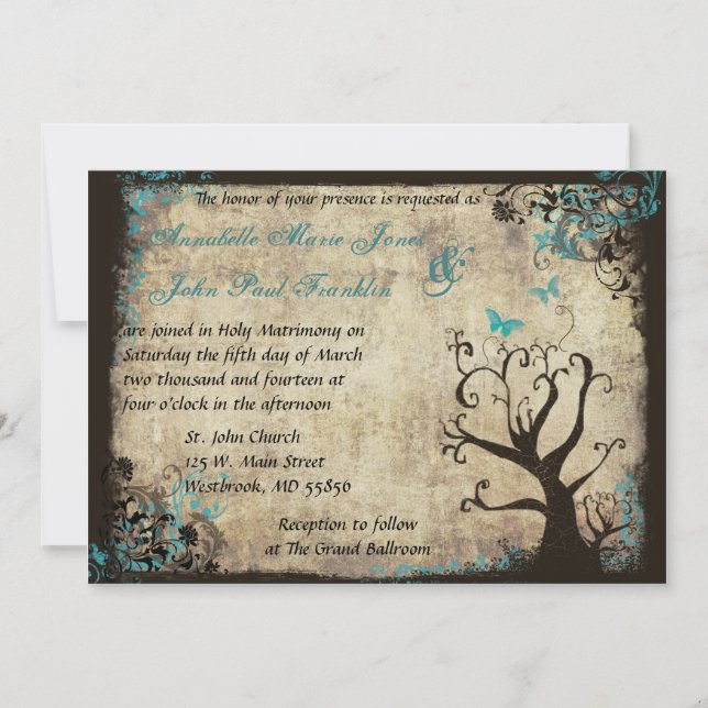 Blue Butterfly and Tree Vintage Wedding Invitation (Front)