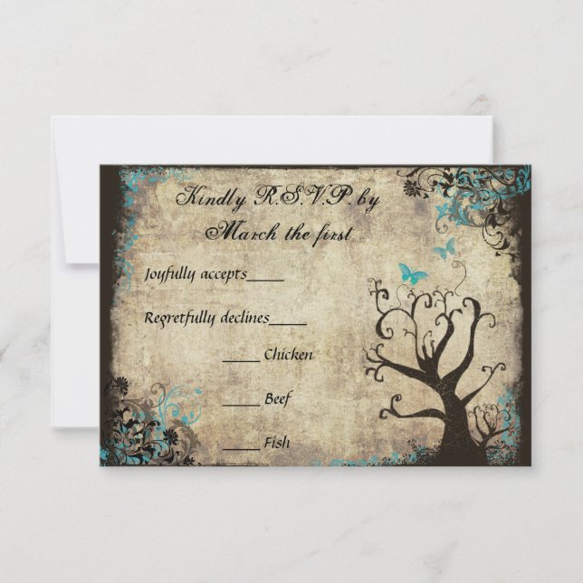 Blue Butterfly and Tree Vintage Wedding RSVP (Front)